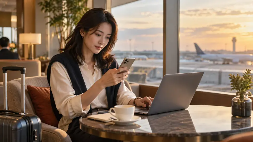 空港ラウンジでスマートフォンとノートパソコンの通信準備をする旅行者