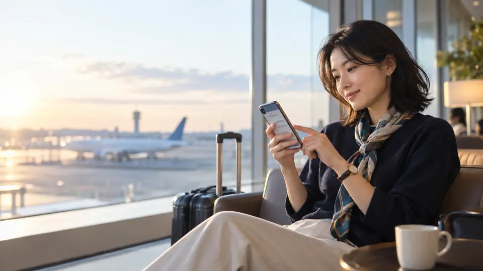 空港ラウンジでスマートフォンの旅行用データ通信を確認する旅行者