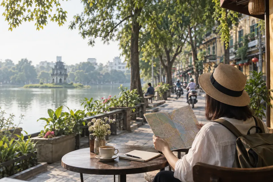 ホアンキエム湖近くのカフェで地図を見ながらベトナム旅行の行程を考える旅行者