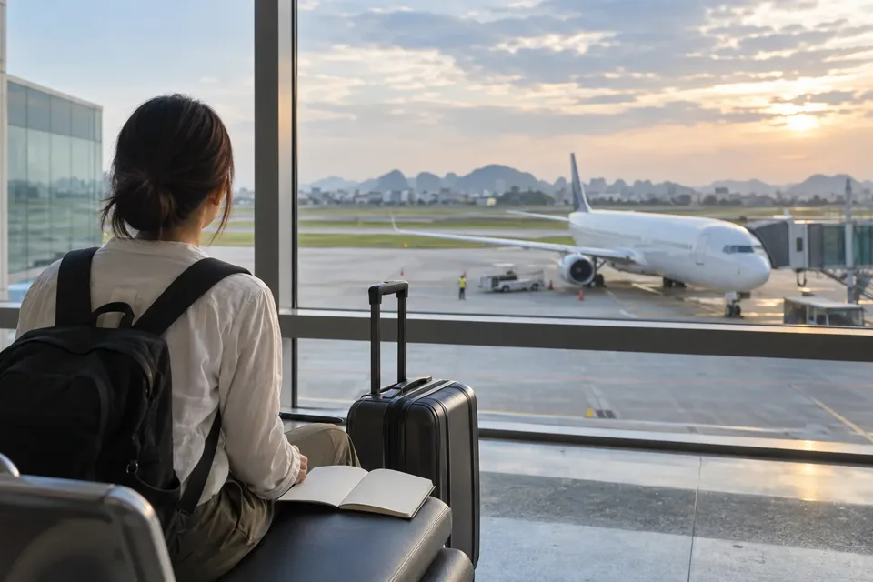 空港ターミナルの窓際でスーツケースと旅程ノートを置き、国内線の出発を待つ旅行者