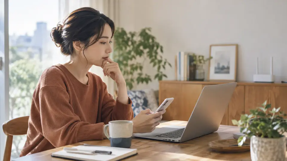 自宅でノートパソコンとスマートフォンを見比べて利用方法を確認する様子
