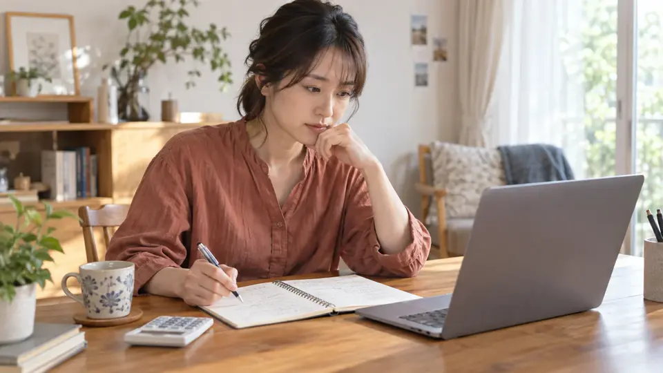 ノートパソコンとノート、電卓を使って利用料金を確認する様子