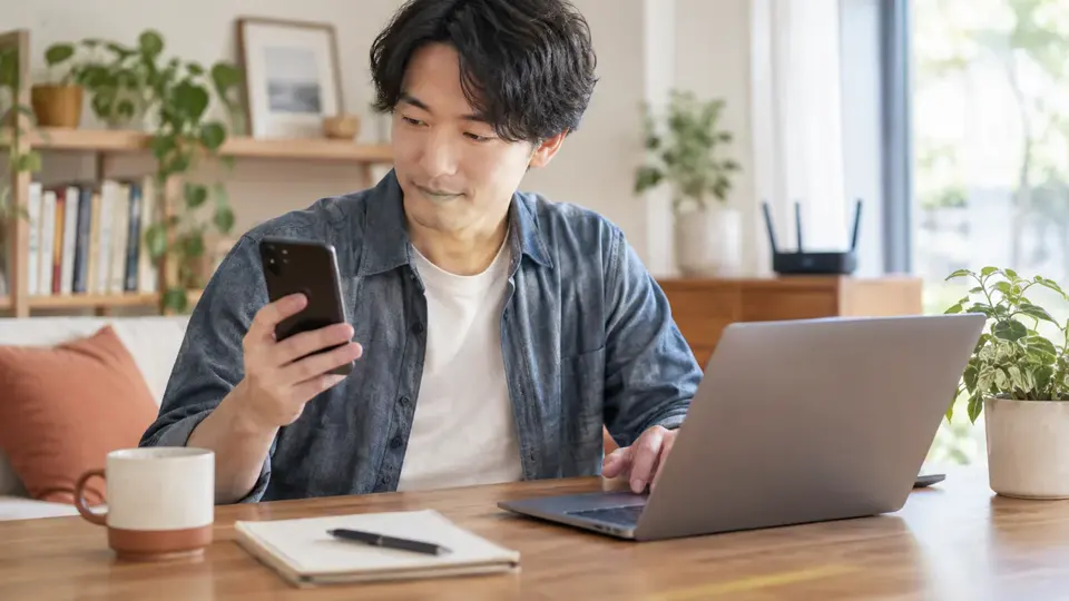 スマートフォンとノートパソコンで接続前の設定を確認する様子