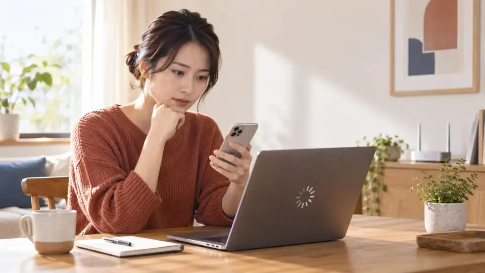 ノートパソコンとスマートフォンで通信状況を確認する人