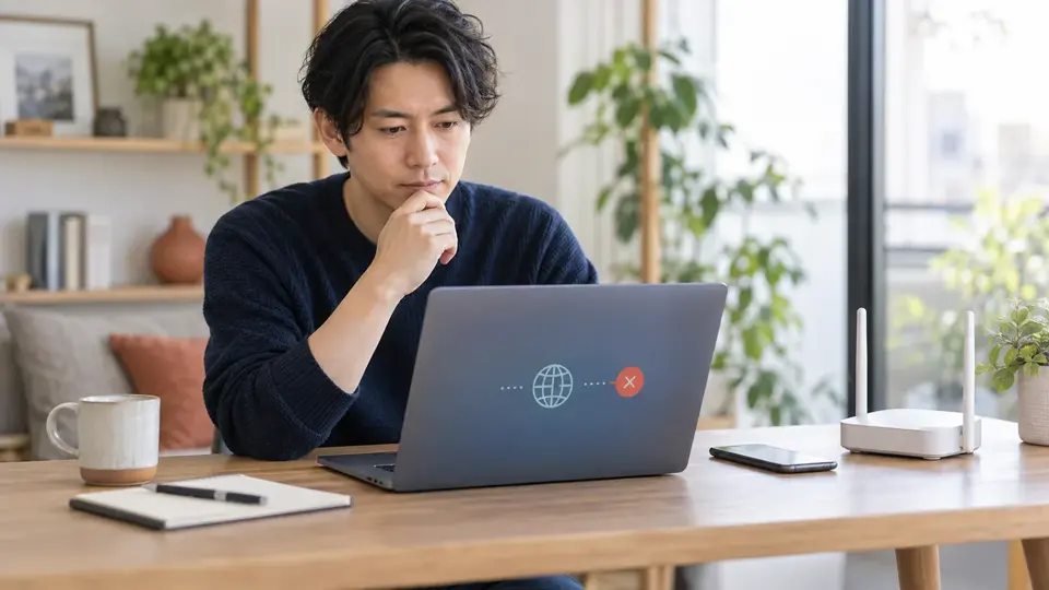 自宅の机でノートPCとスマートフォンの接続状況を確認する人
