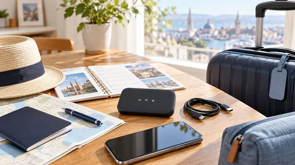 旅行準備のテーブルに置かれたモバイルWi-Fiルーター、スマートフォン、スーツケース