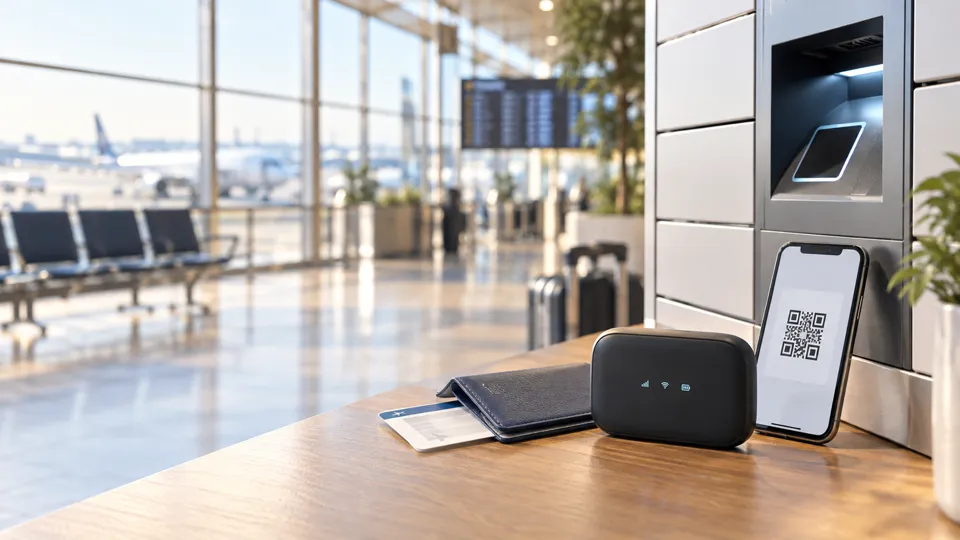 空港のセルフ受取機のそばに、QRコードを表示したスマートフォンとモバイルWi-Fiルーターを置いた様子